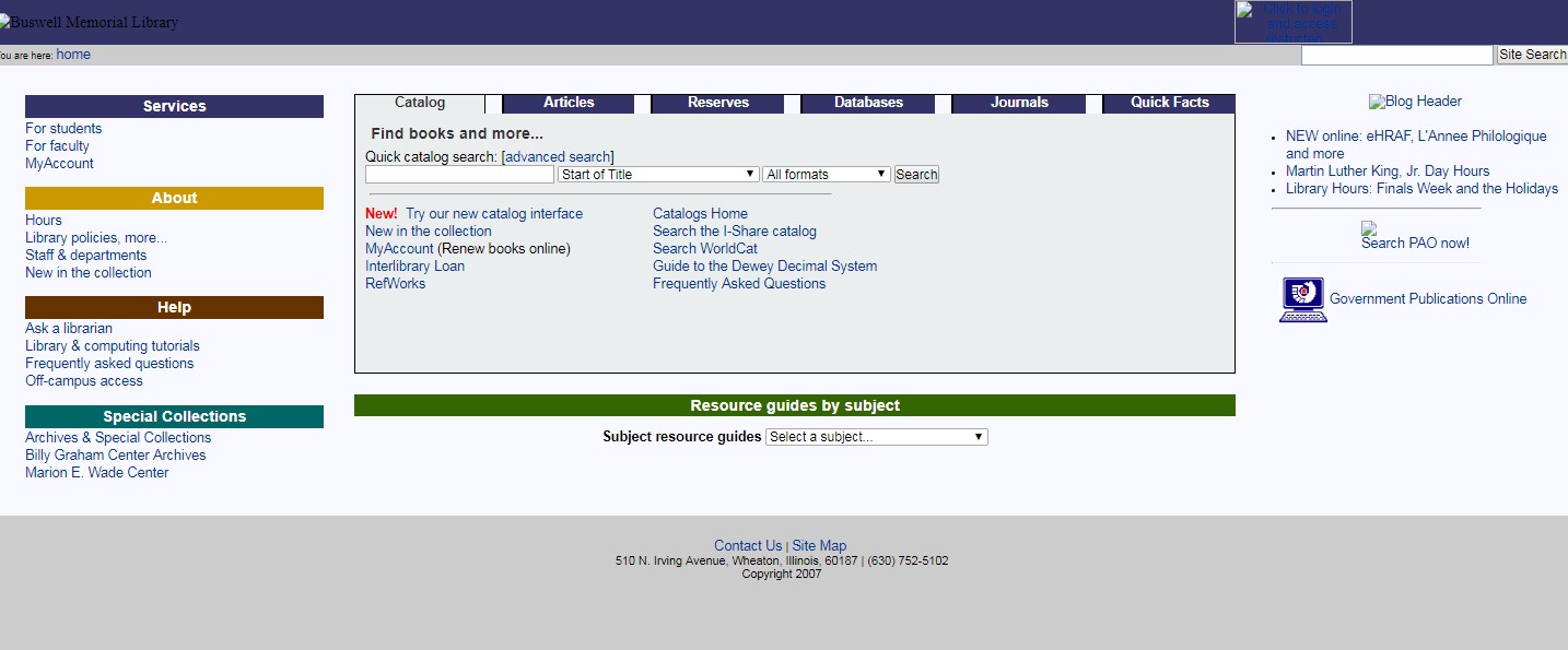Buswell Memorial Library's Webpage 2009