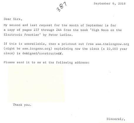 a letter from someone requesting information as part of San Francisco Public Library's mail in reference program for incarcerated individuals
