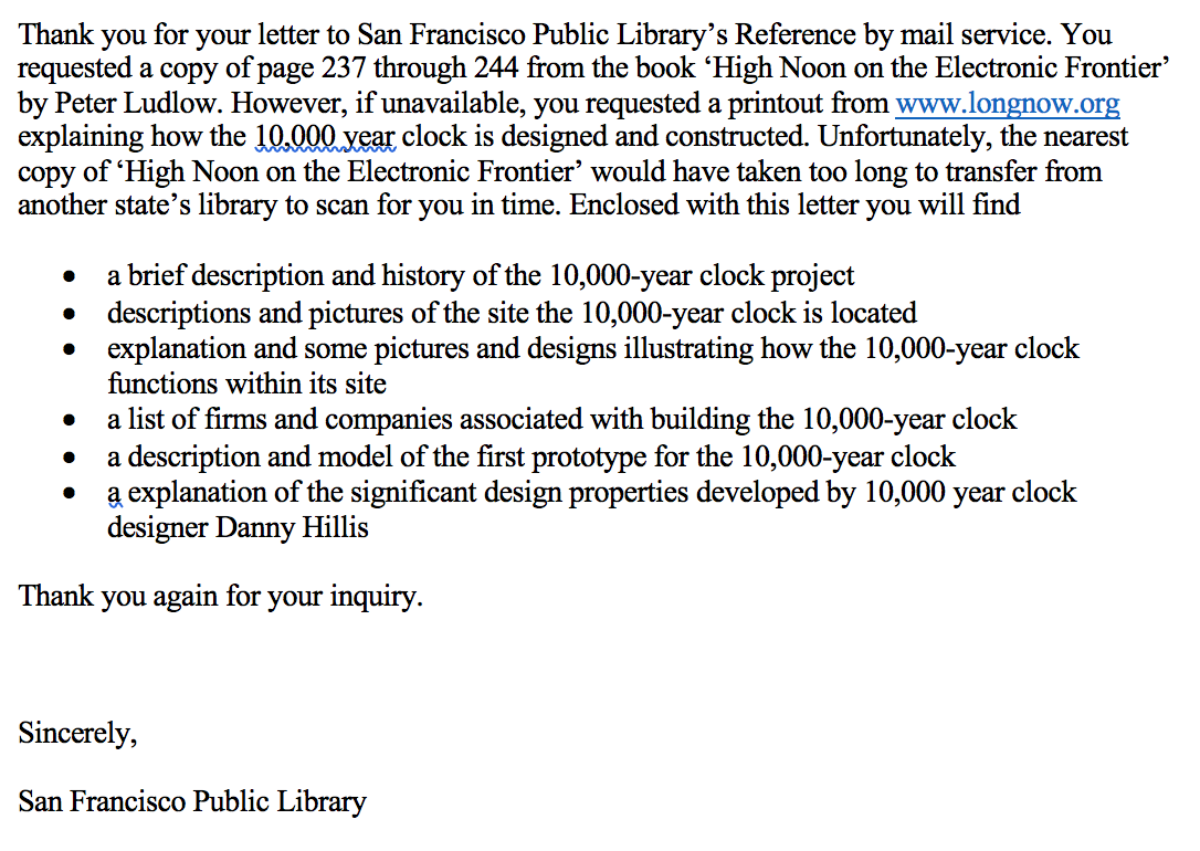 a letter I responded with providing the patron's requested information