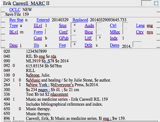 the MARC record I created through OCLC with each of its various fields filled out