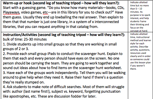 an excerpt of a lesson plan designed to teach middle schoolers how to use a card catalog