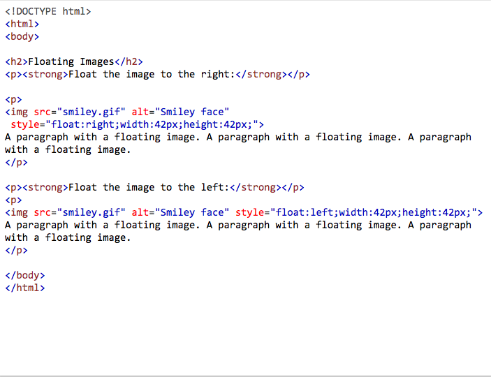 image of W3 schools tutorial for coding floating images in a website