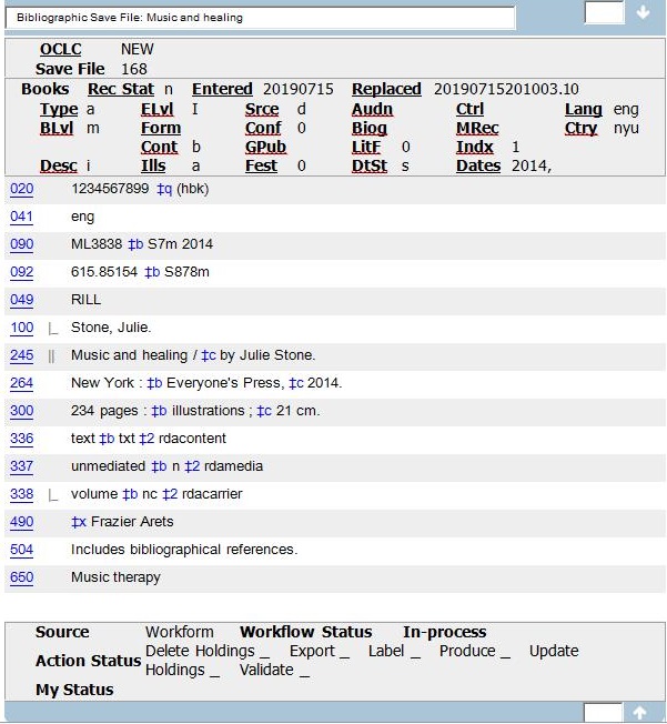 screenshot of a MARC Record