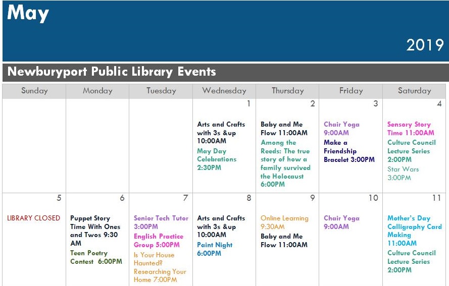 screenshot of a library event calendar