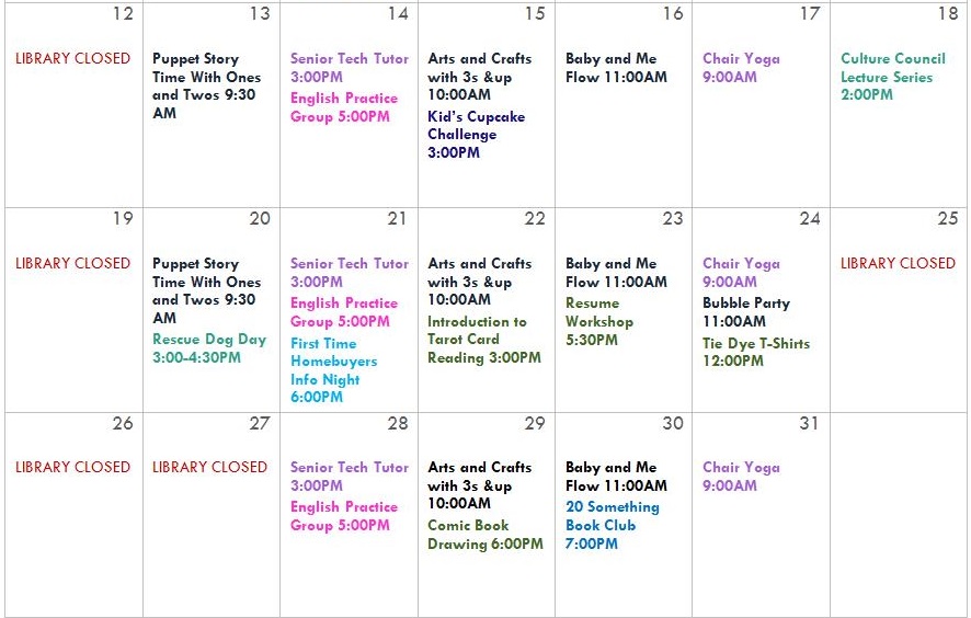 screenshot of a library event calendar