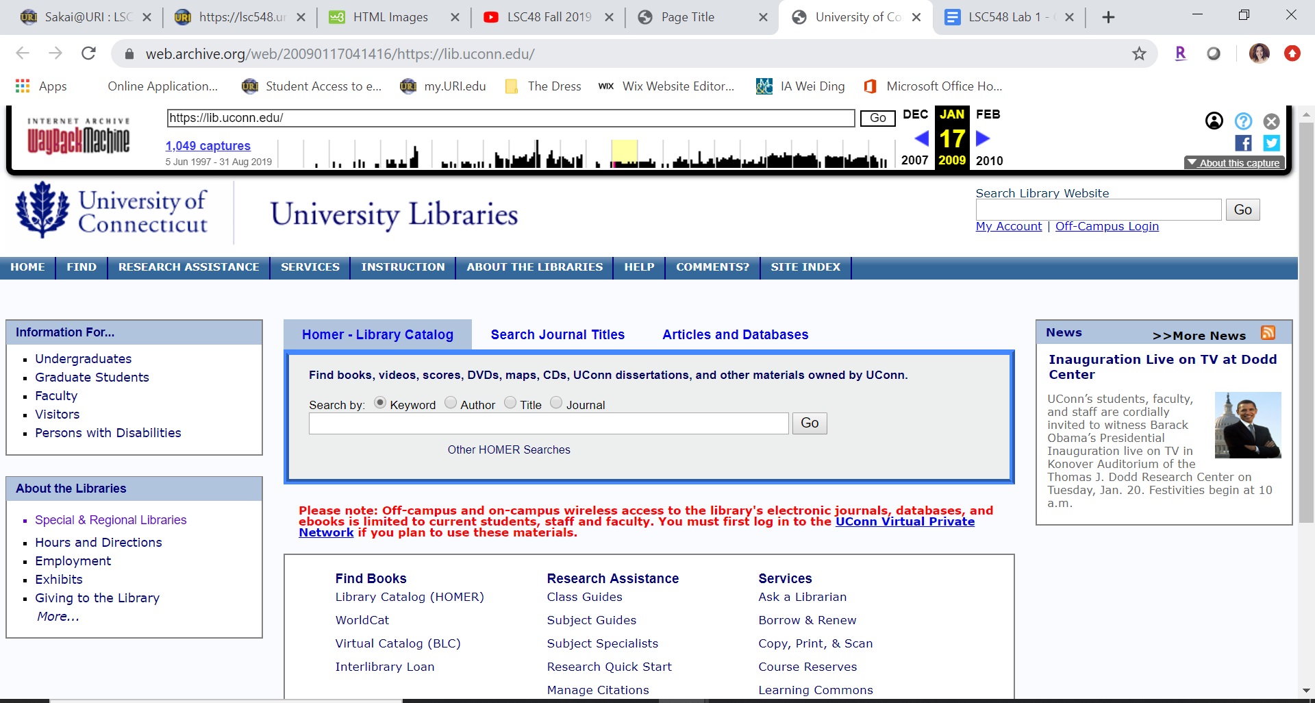 UConn Library Website on January 17th, 2009
