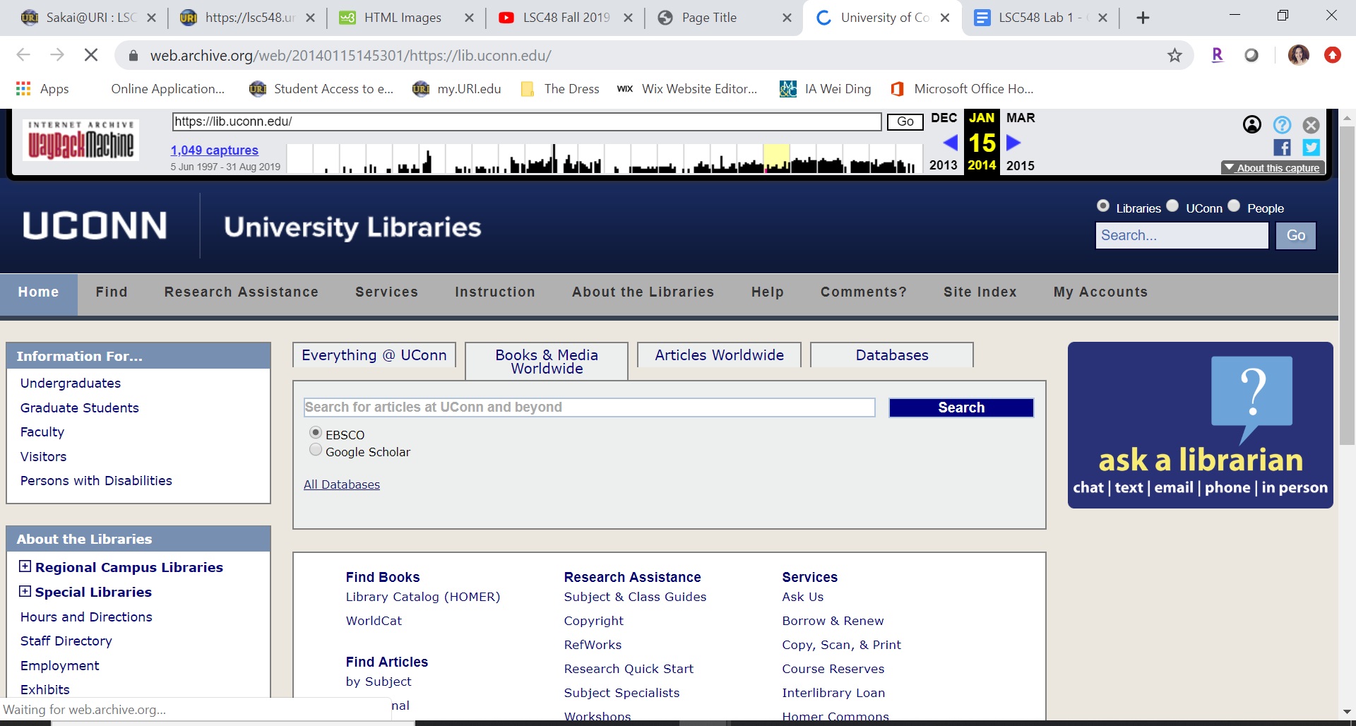 Uconn Library Website on January 15th, 2014