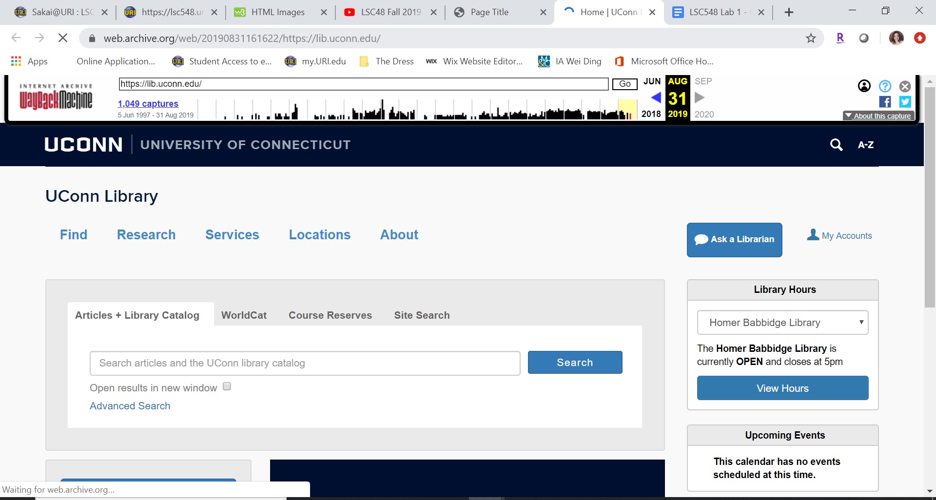Uconn Library Website on August 31st, 2019