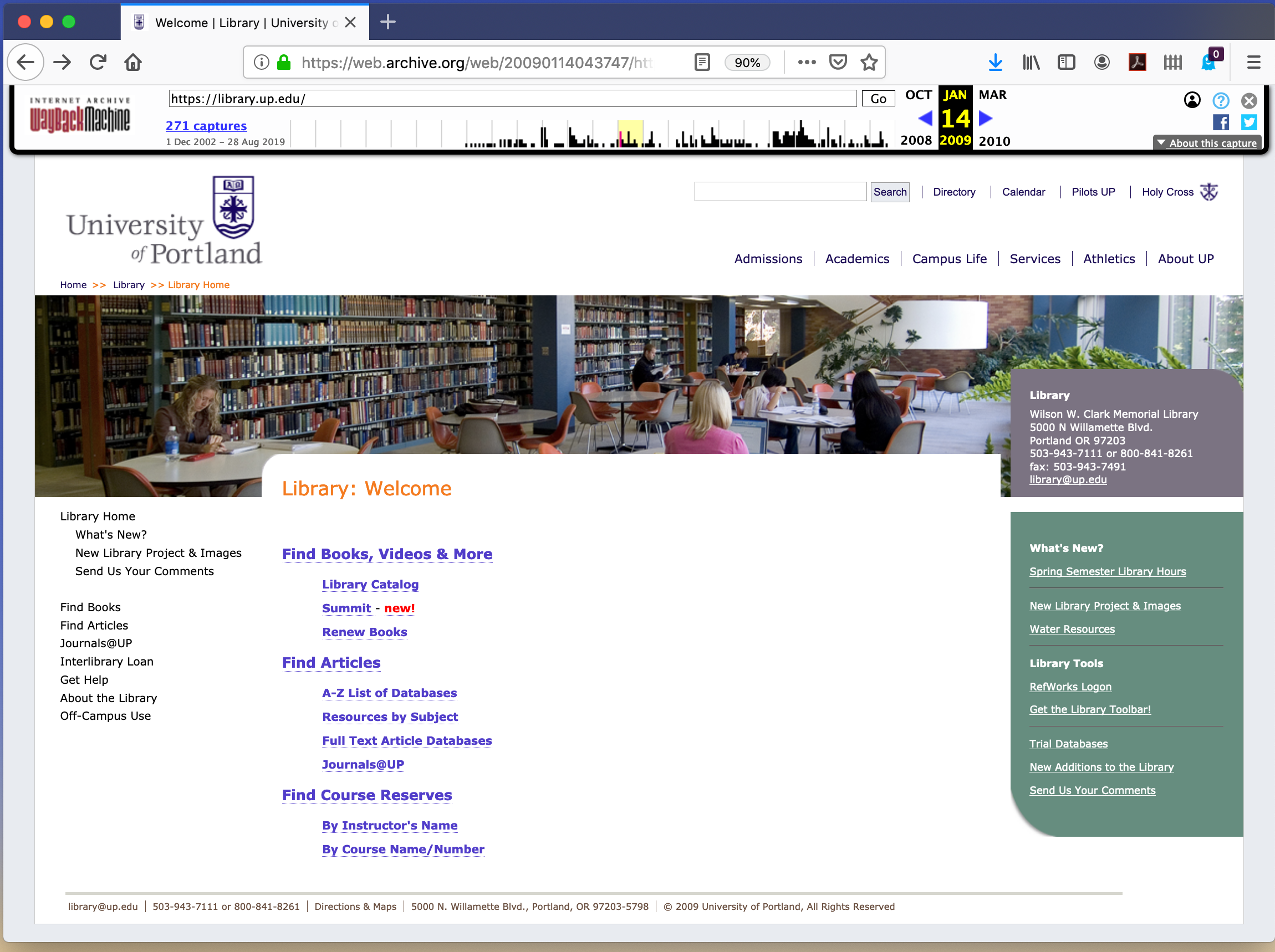screenshot of 2009 library homepage