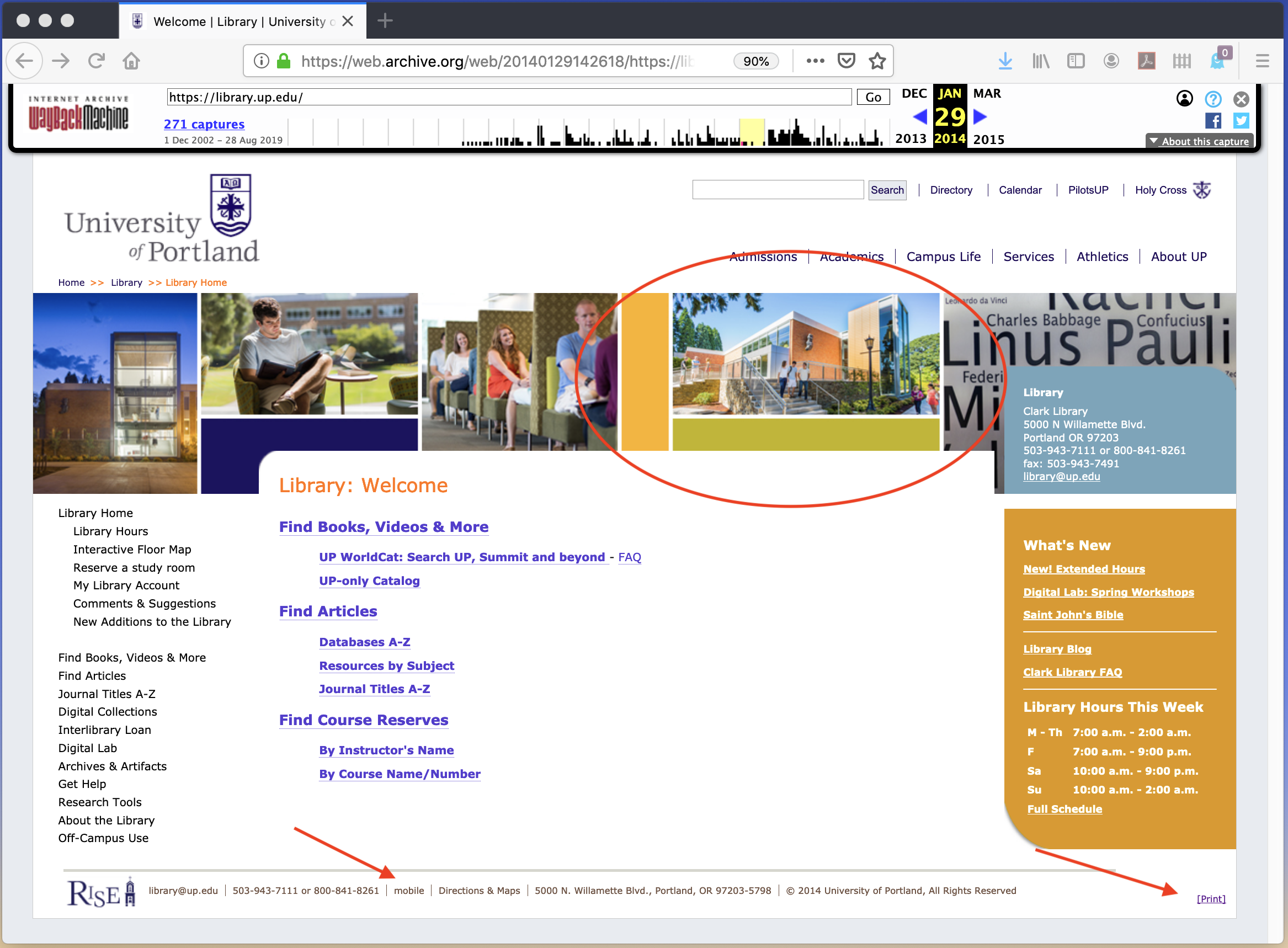 screenshot of 2014 library homepage