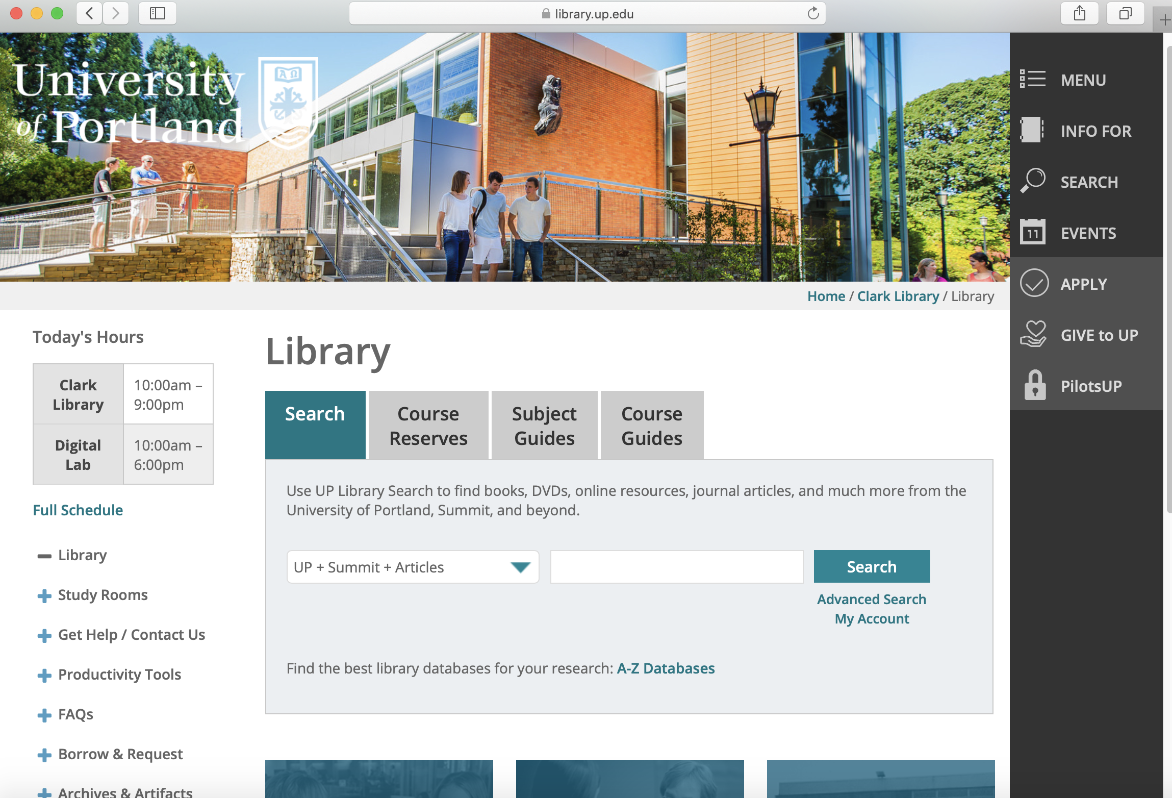 screenshot of current 2019 Clark library homepage